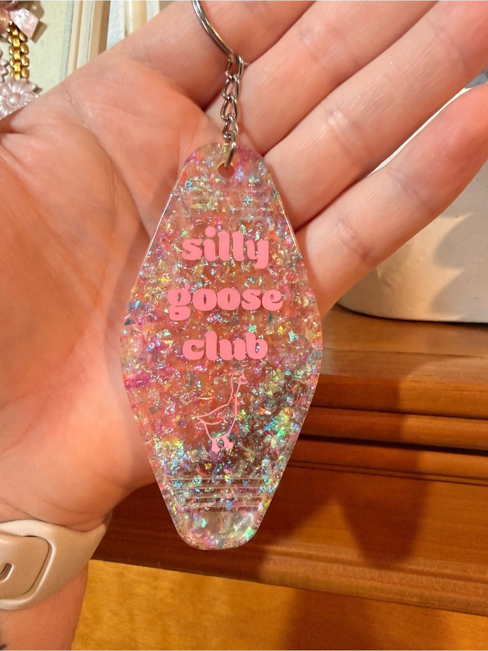 Silly Goose Club Iridescent Keychain - Pink Glitter
